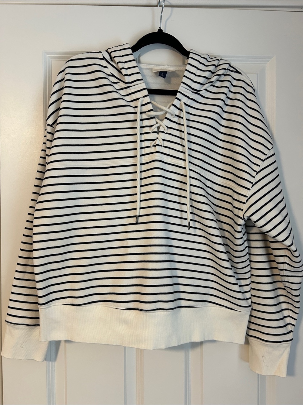 Universal Thread White Hooded Lace-Up Black Striped Sweater